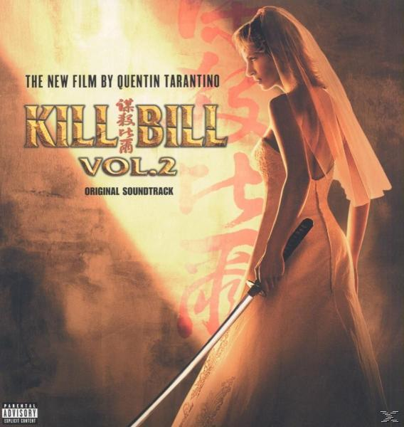 Kill Bill Vol. 2 Albumcover. Braut im Hochzeitskleid hält Schwert. Text: Filmtitel und Quentin Tarantino.