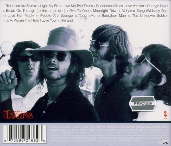 Rückseite des Doors-Albums, Bandmitglieder mit Sonnenbrillen, Trackliste und Albumdetails.