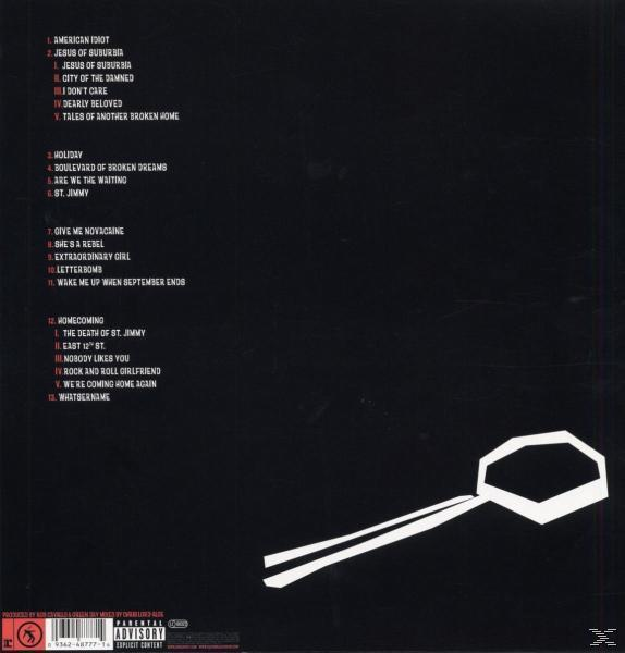 Green Day Albumcover. Schwarzer Hintergrund, Titelliste links, Logo und Barcode unten.