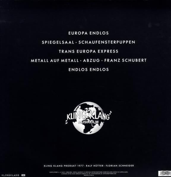 Rückseite eines Kraftwerk Albums mit Songtiteln und Informationen zum Plattenlabel.