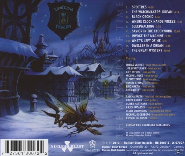 Rückseite einer CD mit verschneitem Ort, großer Spinne und einer Liste von Songs und Credits für ein Album.