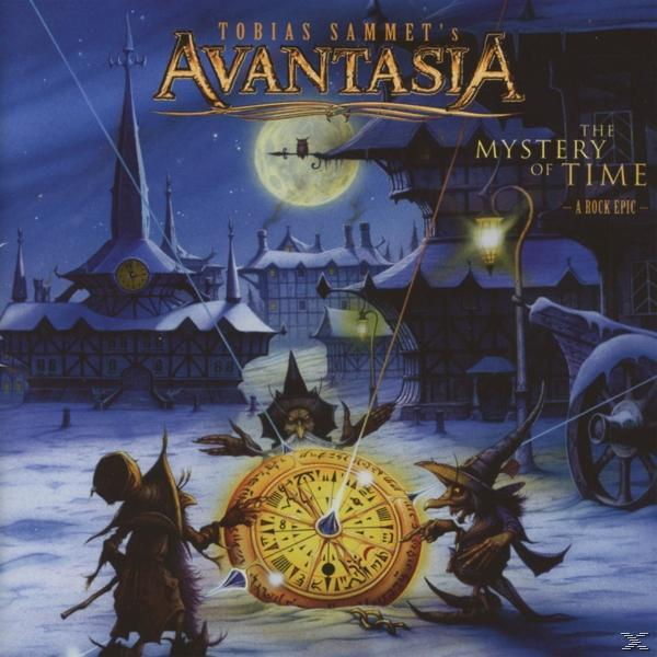 Album borító, 'Tobias Sammet's Avantasia - The Mystery of Time'. Fantázia művészet figurákkal és órával.