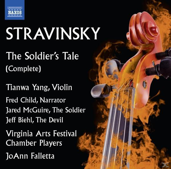 Albumcover: Strawinskys The Soldier's Tale. Eine Geige mit Feuer. Text und Namen.