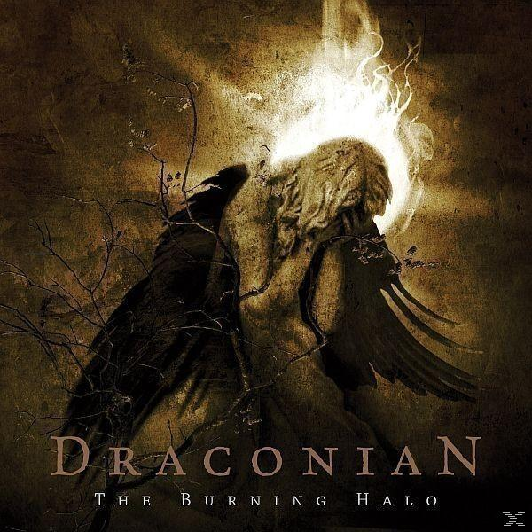 Draconian album borító. Angyal szárnyakkal, égő glóriával, sötét háttérrel és szöveggel.