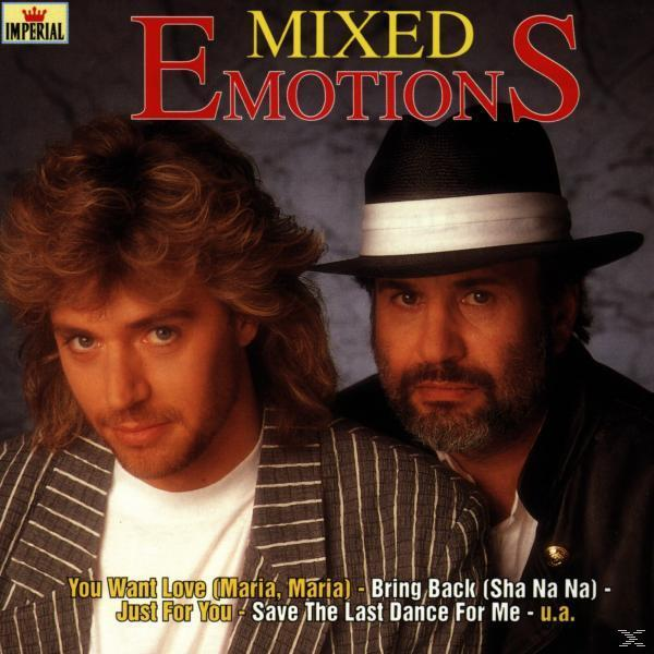 Albumcover mit zwei Männern. Titel: Gemischte Emotionen. Ein Mann hat lange Haare, der andere trägt einen Hut. Roter Text.