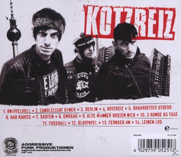 CD-Cover, Schwarz-Weiß-Bild von drei Männern. Text: Kotzreiz, mit rotem Hintergrund. Barcode unten.
