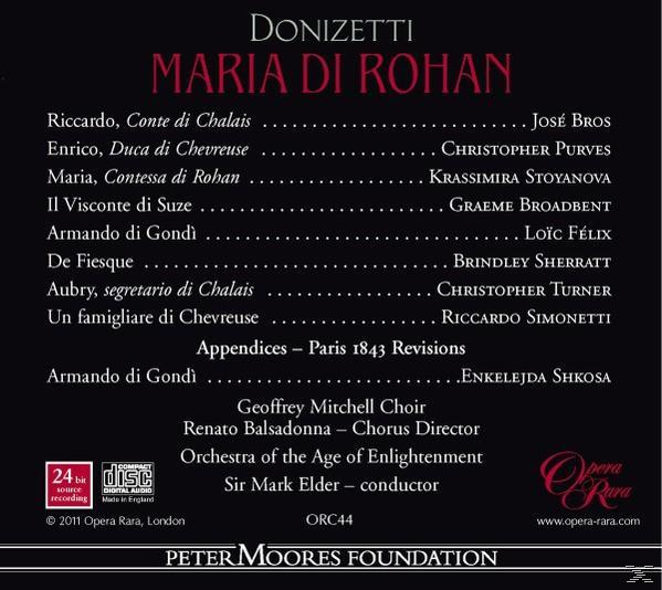 CD-Cover: Maria di Rohan, Besetzungsliste, Opera Rara Logo und Credits. Schwarzer Hintergrund.
