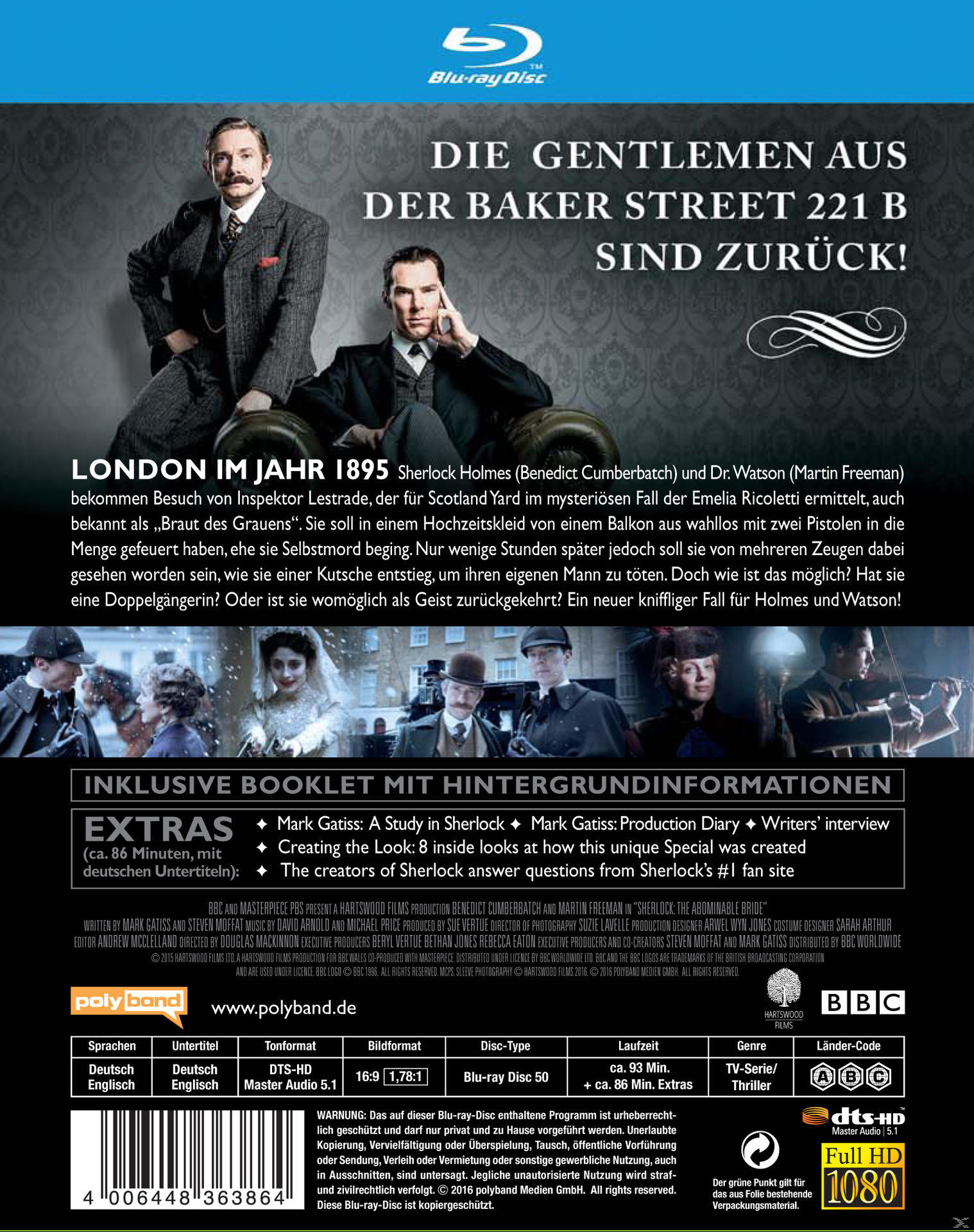 Rückseite einer DVD-Hülle von The Baker Street 221 B. Text auf Deutsch mit Cast- und Crew-Details.