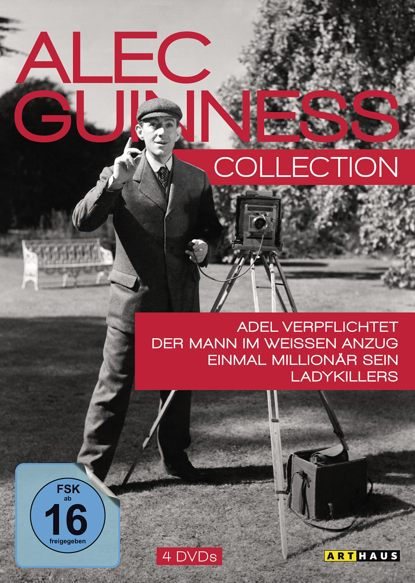 DVD-Cover von Alec Guinness Collection. Ein Mann im Anzug hält eine Kamera. Der Titel ist in roter Schrift.