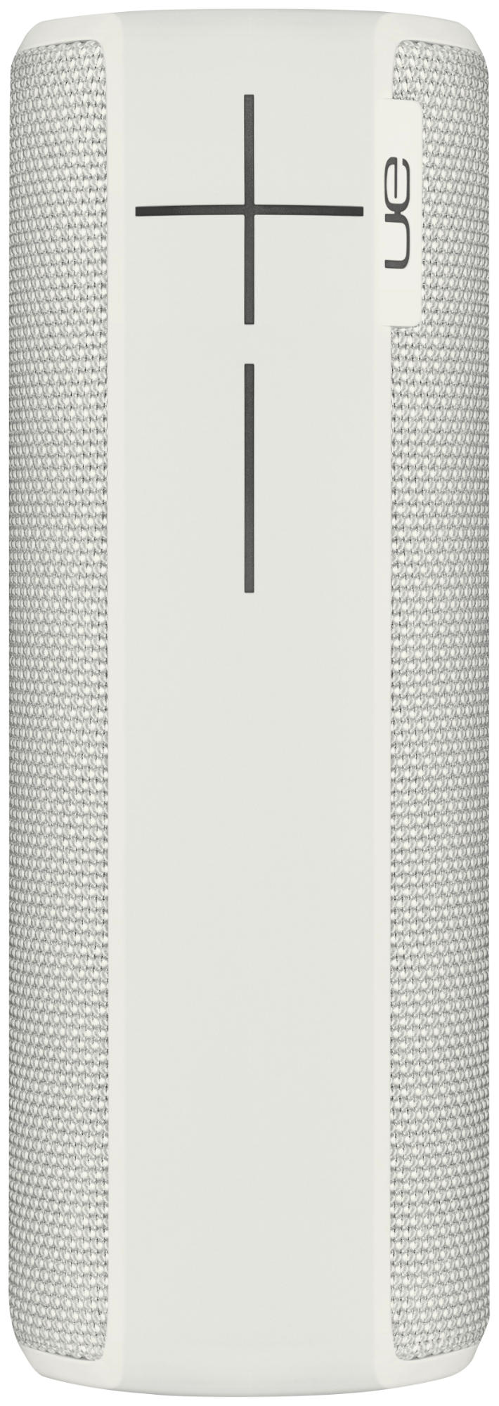 Altavoz UE cilíndrico blanco con un símbolo de más-menos negro y el logo 'ue', con una textura similar a la tela.