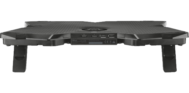 Fekete laptop hűtőpad állítható lábakkal és USB portokkal, fekete háttéren.