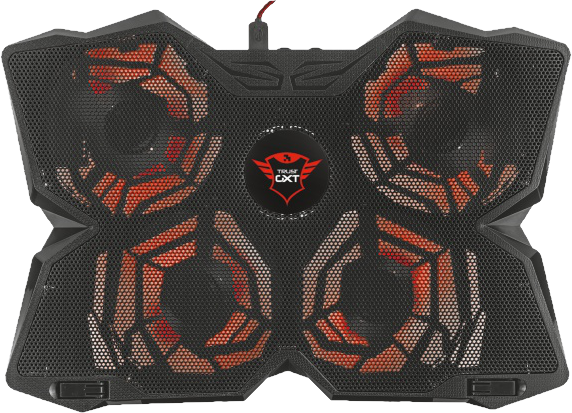 Egy fekete laptop hűtő négy ventilátorral és egy piros USB kábellel. A márkanév látható.