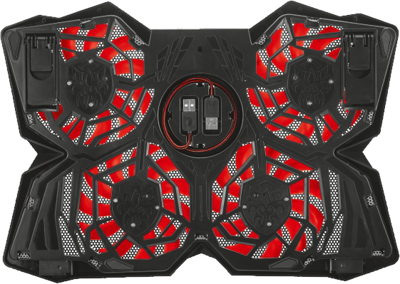 Fekete laptop hűtőpad négy ventilátorral és piros lámpákkal. USB portok és tápkábel van rajta.