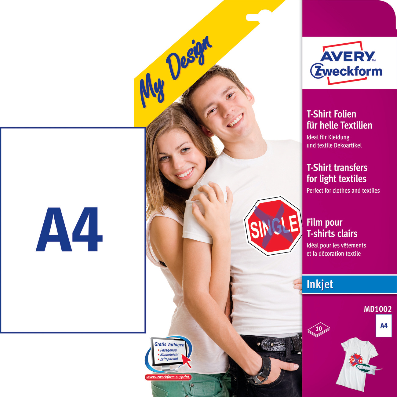 Bild von Mann und Frau, die ein Papier halten. Text über T-Shirt-Design.