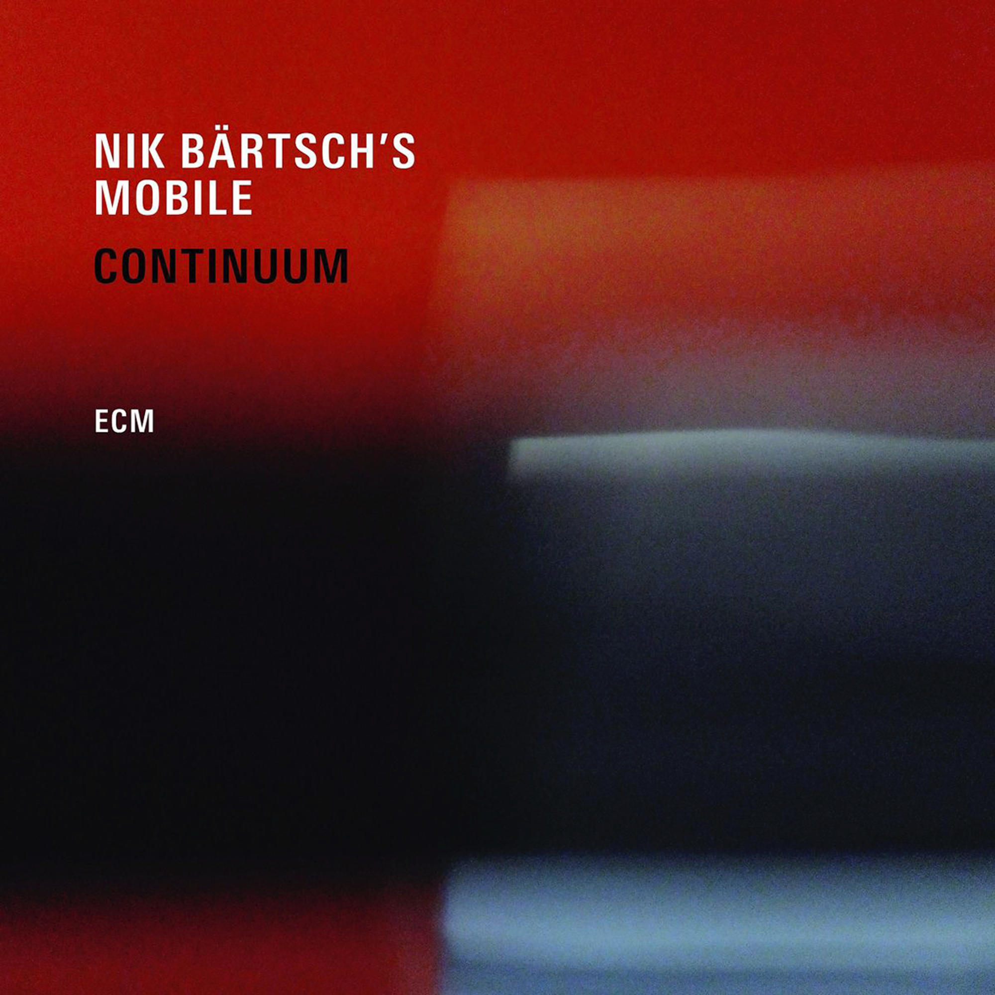 Albumcover mit rotem, schwarzem und orangefarbenem abstraktem Design. Der Titel lautet 'Continuum' von Nik Bärtsch's Mobile.