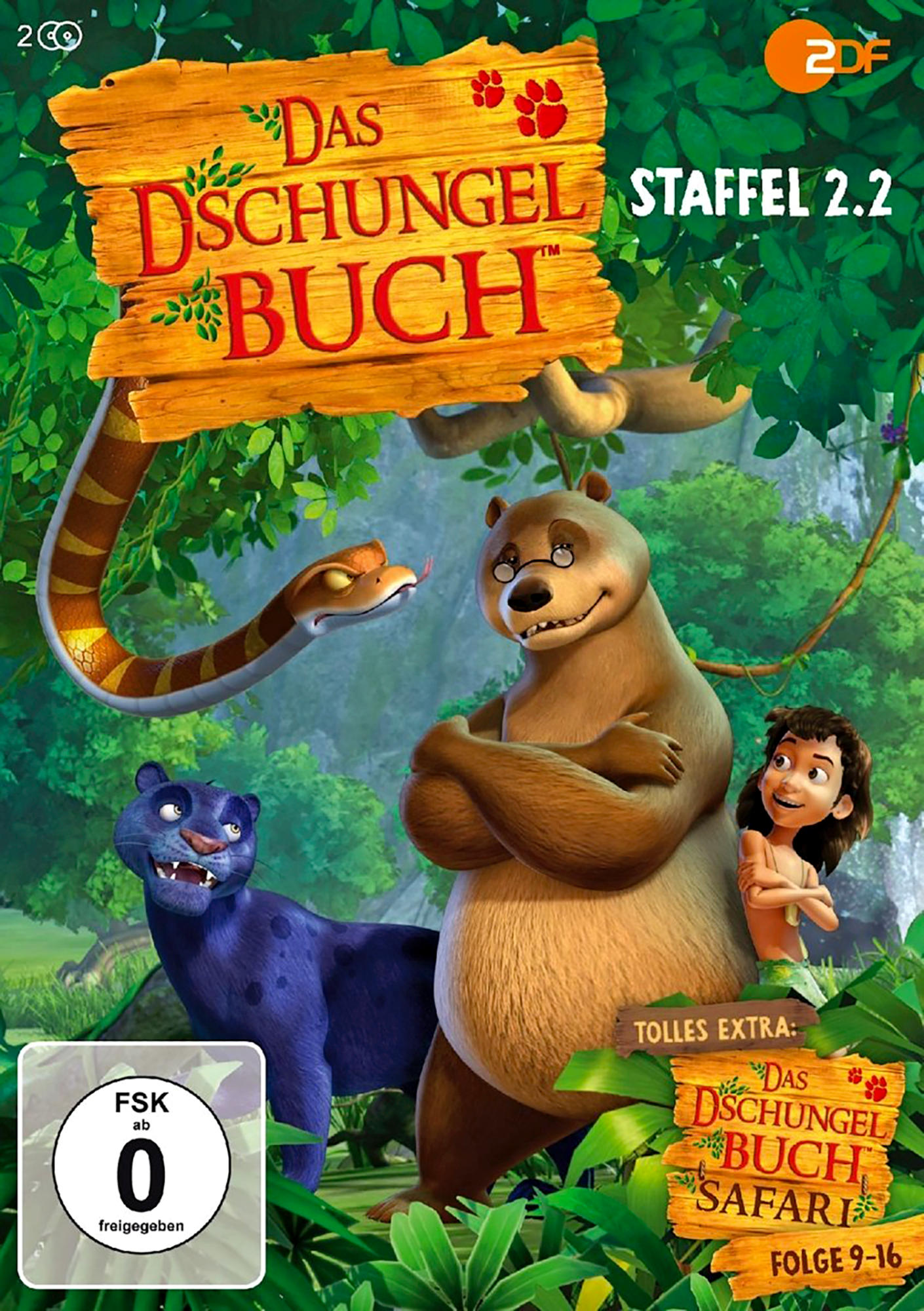 DVD-Cover mit Zeichentrickfiguren und Text. Zeigt die Dschungelbuch-Charaktere und Dschungelszene.