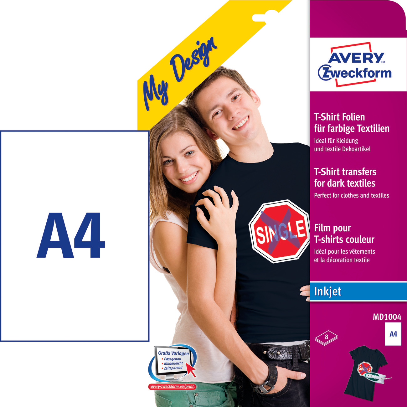 Paar hält Papier mit A4-Größe. Text rechts: T-Shirt-Folien für Textilien.
