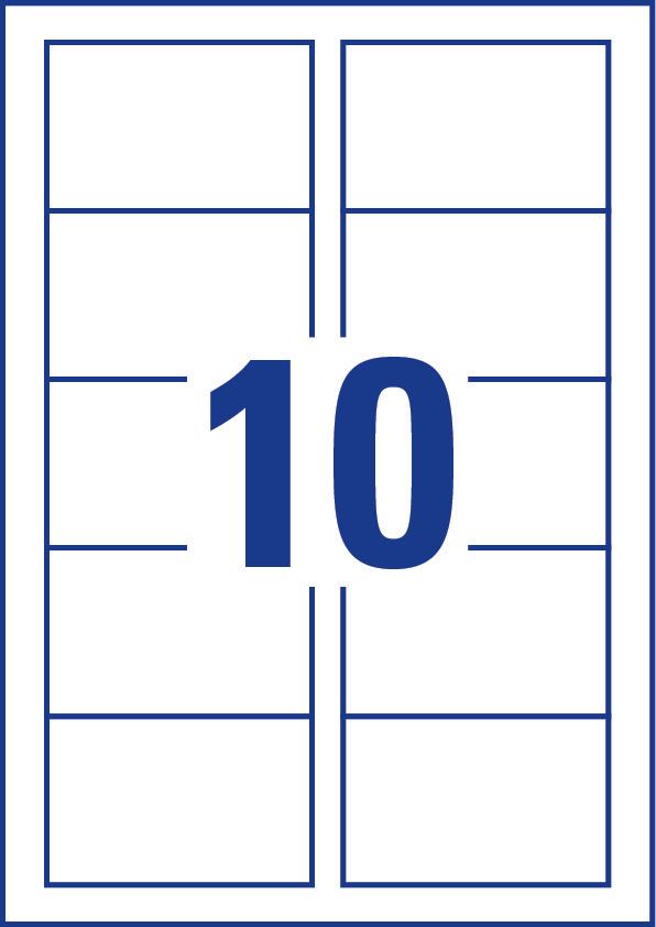 Ein Blatt weißer Etiketten mit blauem Rand und der Zahl 10 in der Mitte.