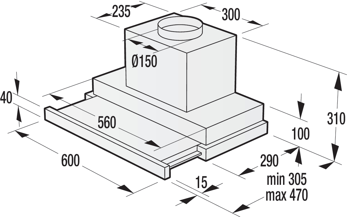 Konyhai páraelszívó műszaki rajza méretekkel. 3D-ben van rajzolva, különböző méretekkel.