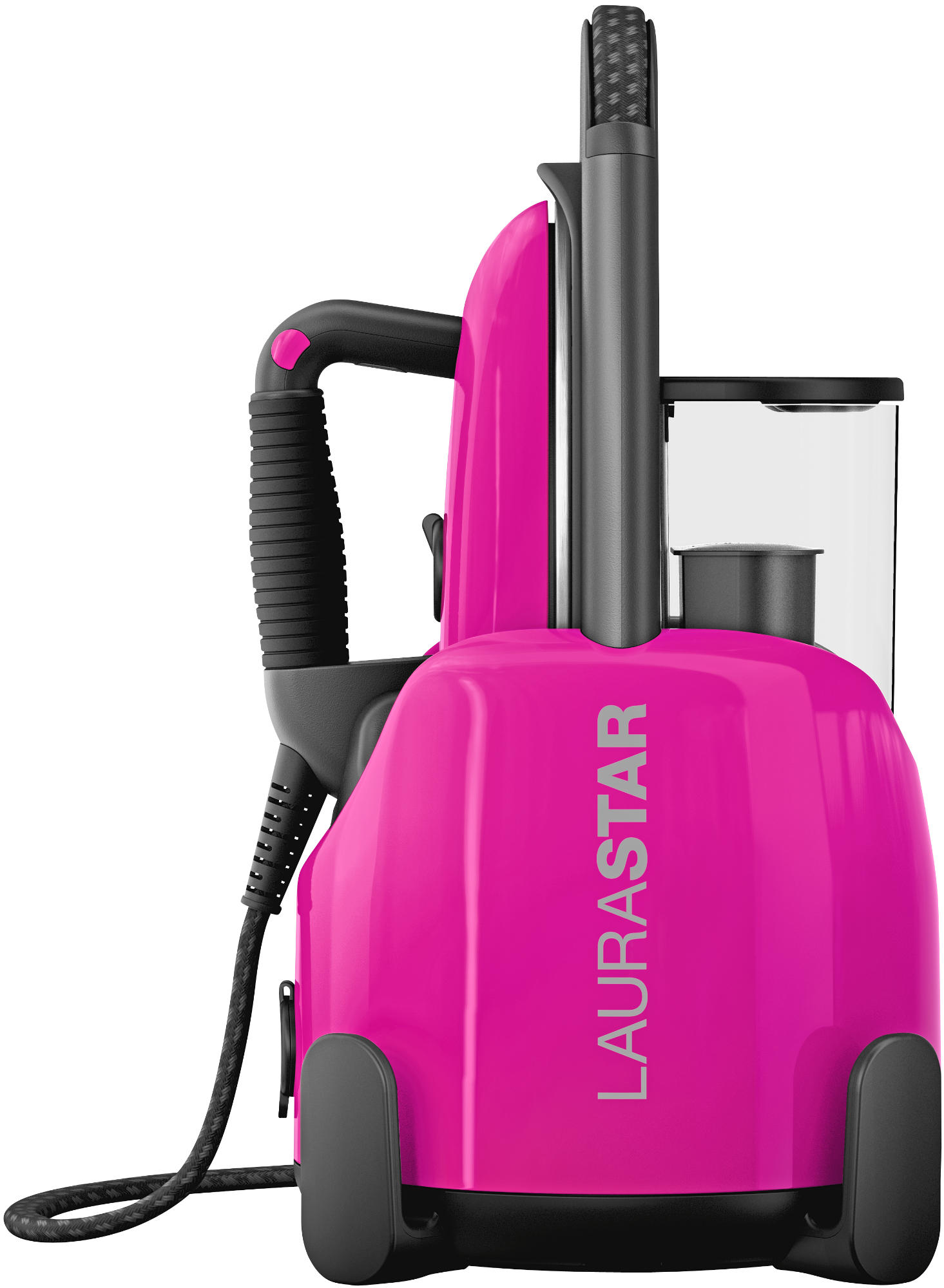 Nettoyeur vapeur rose avec poignée et cordon noirs, fond blanc.