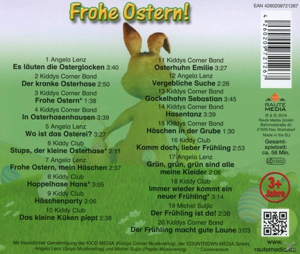 Rückseite einer CD mit Osterhase und Titelliste, 'Frohe Ostern!'