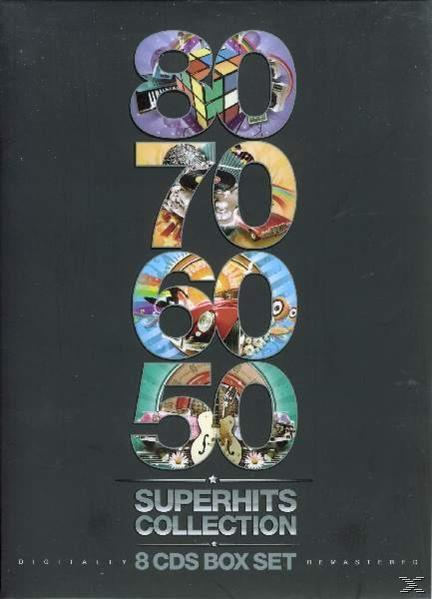 CD-Box-Set-Cover. Zeigt die Zahlen 80, 70, 60 und 50, jeweils gefüllt mit Bildern, die Musikepochen repräsentieren. Titel: Superhits Collection.