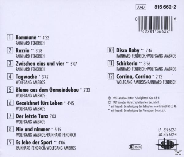 CD-Rückseite mit Titellisten und Credits auf Deutsch. Album von Reinhard Fendrich.