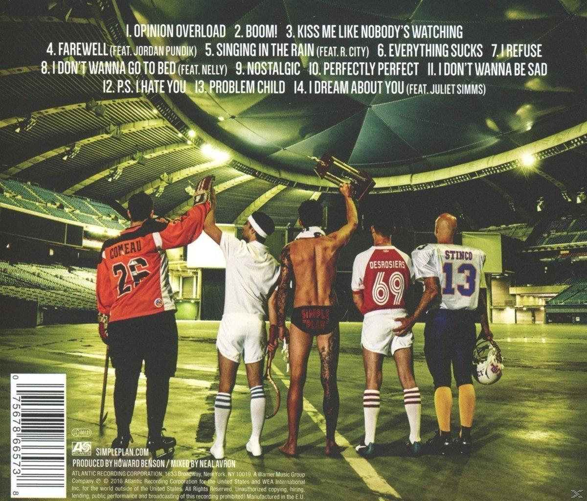 Rückseite des Simple Plan Albums. Zeigt Bandmitglieder in einem Stadion mit Songtiteln.