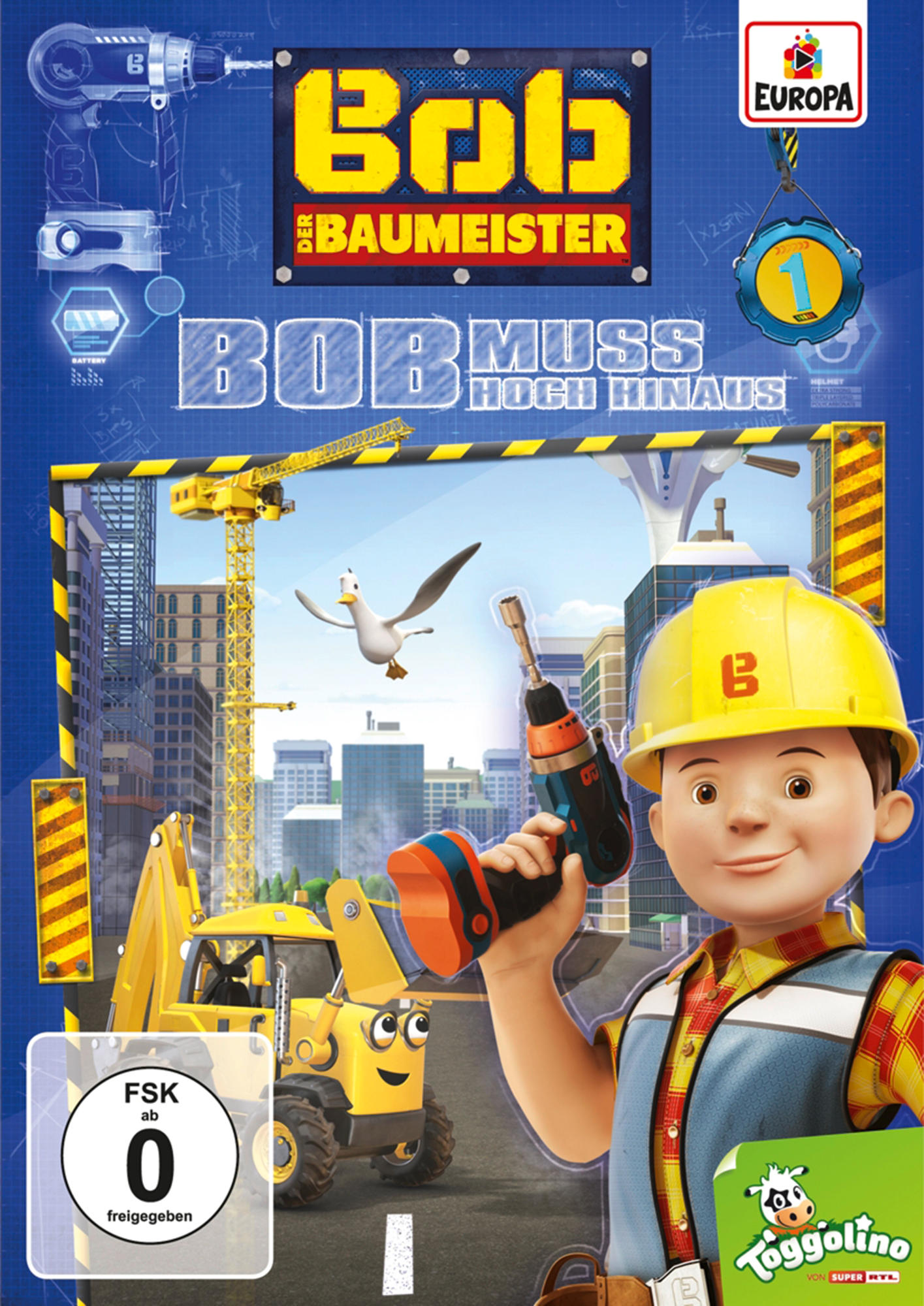 DVD-Cover, Bob der Baumeister hält einen Bohrer. Cartoon-Baustellenszene mit Kran und Vogel.