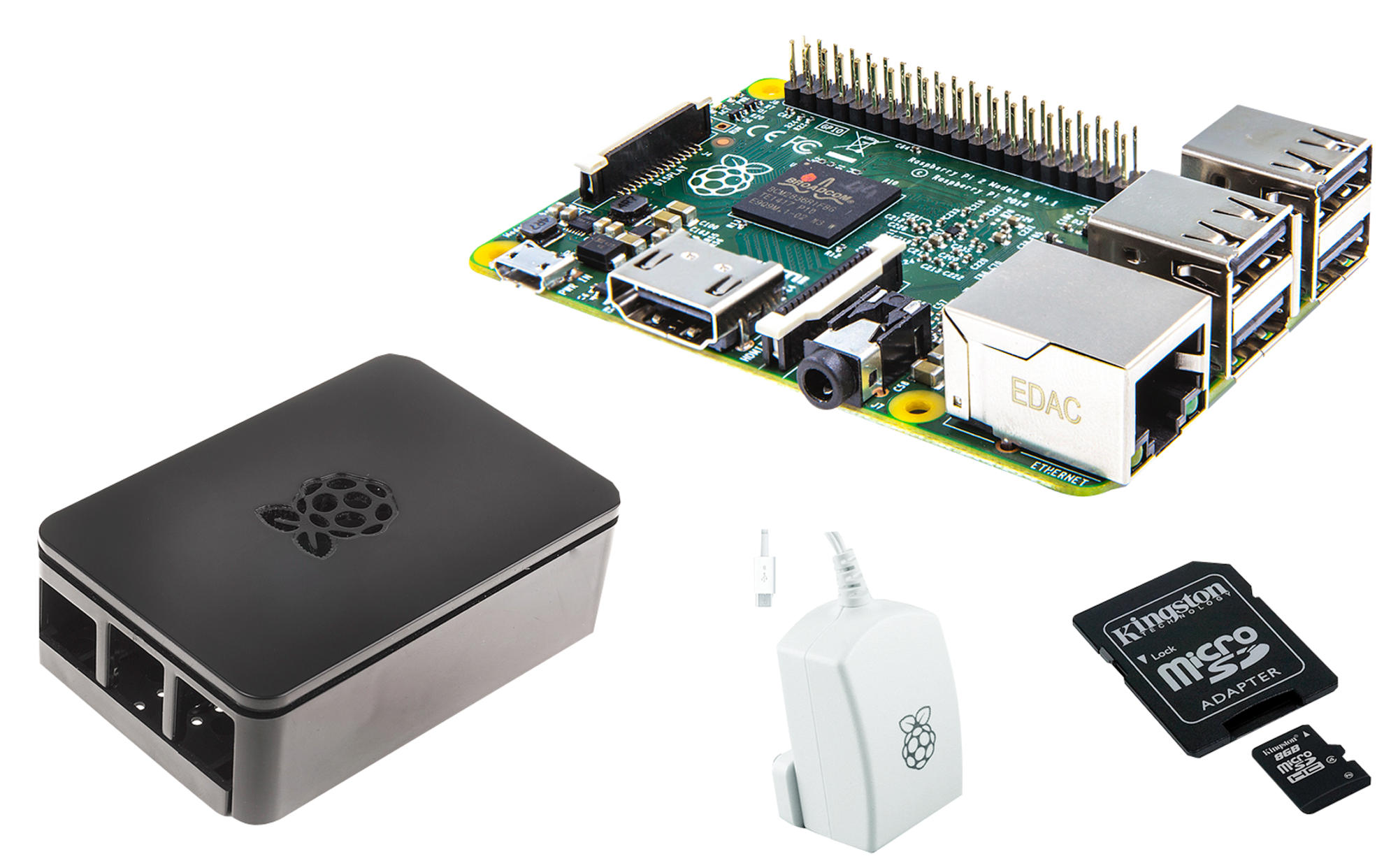 Pack Mini-Pc - Raspberry Pi 2 Modelo B, MicroSD 8GB, caja negra y fuente de alimentación