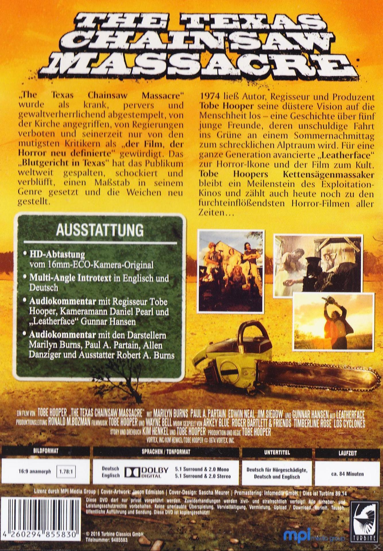 Filmposter für 'The Texas Chainsaw Massacre'. Enthält Text und eine Kettensäge vor gelbem Hintergrund.