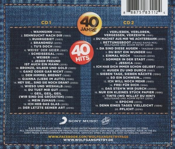CD-Cover mit Titellisten für Wolfgang Petrys 40 Hits. Mit Jeans-Hintergrund und kreisförmigen Logos.