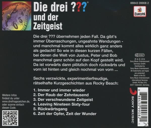 Rückseite eines CD-Covers mit deutschem Text, einem Logo und einem Barcode. Es listet sechs Kurzgeschichten von Rocky Beach auf.