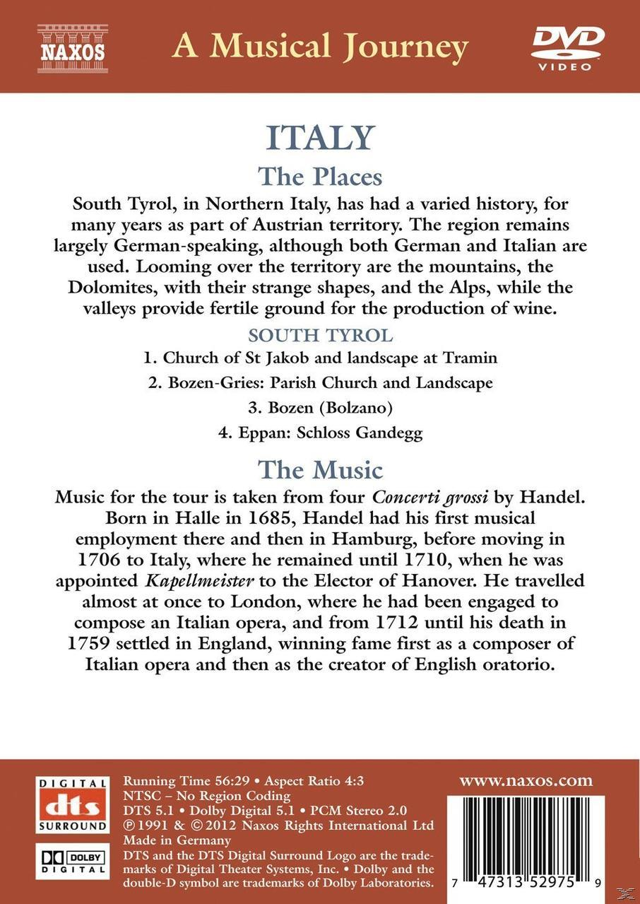 DVD-Cover mit Text über Italien, einschließlich Details über Südtirol und die Musik.