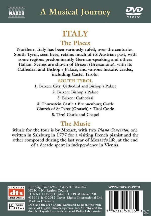 DVD-Cover mit Text über Italien und Musik von Mozart. Enthält eine Liste von Orten und Musikdetails.