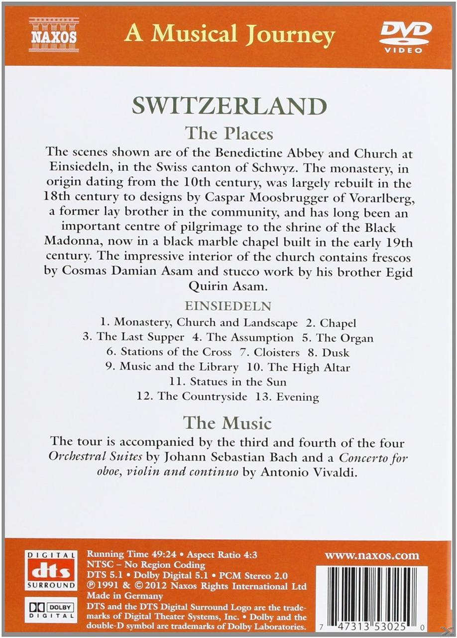 DVD-Rückseite mit Text über die Schweiz, einer Karte und einer Liste von Orten und Musik.