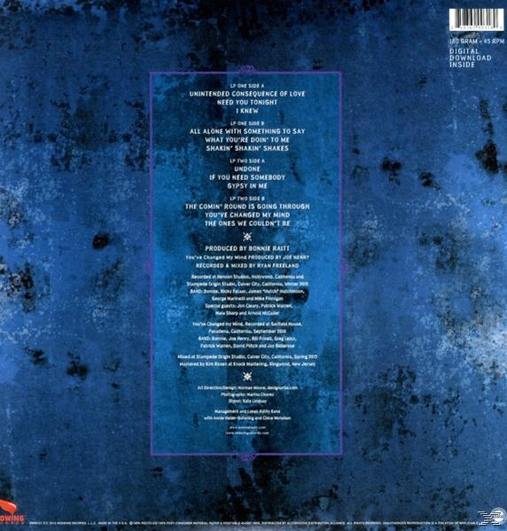 Vinil lemez hátulja. A dalszövegek és a kreditek láthatók. Kék háttér.