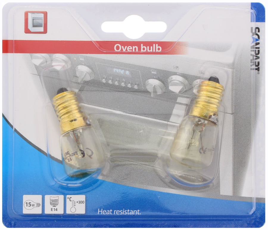 Twee ovenlampen in een plastic verpakking, met oven gerelateerde iconen.