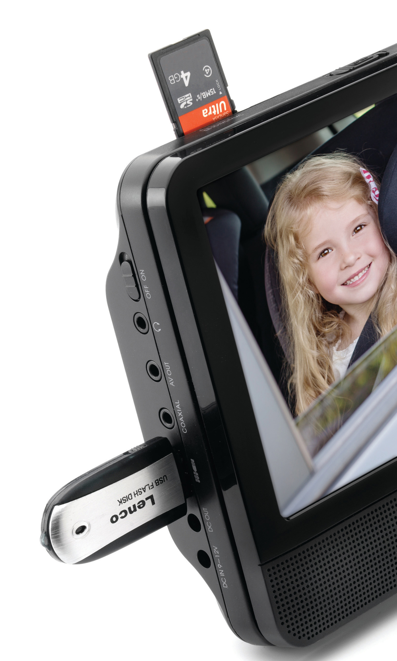 Schwarzer tragbarer DVD-Player mit SD-Karte und USB-Laufwerk, Mädchen auf dem Bildschirm.