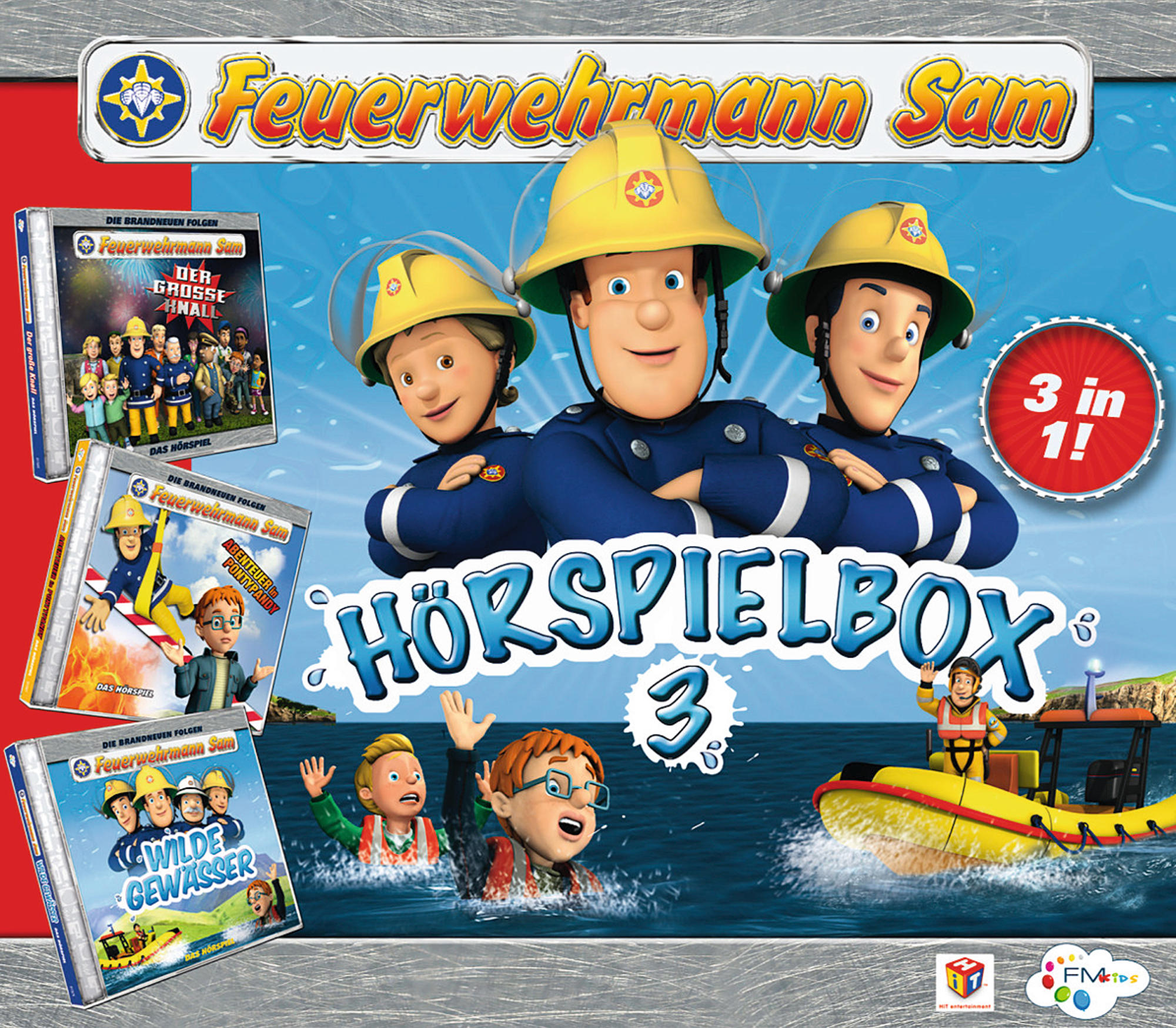 Zeichentrick-DVD-Cover mit Feuerwehrmännern, Rettungsboot und dem Titel Hörspielbox 3.