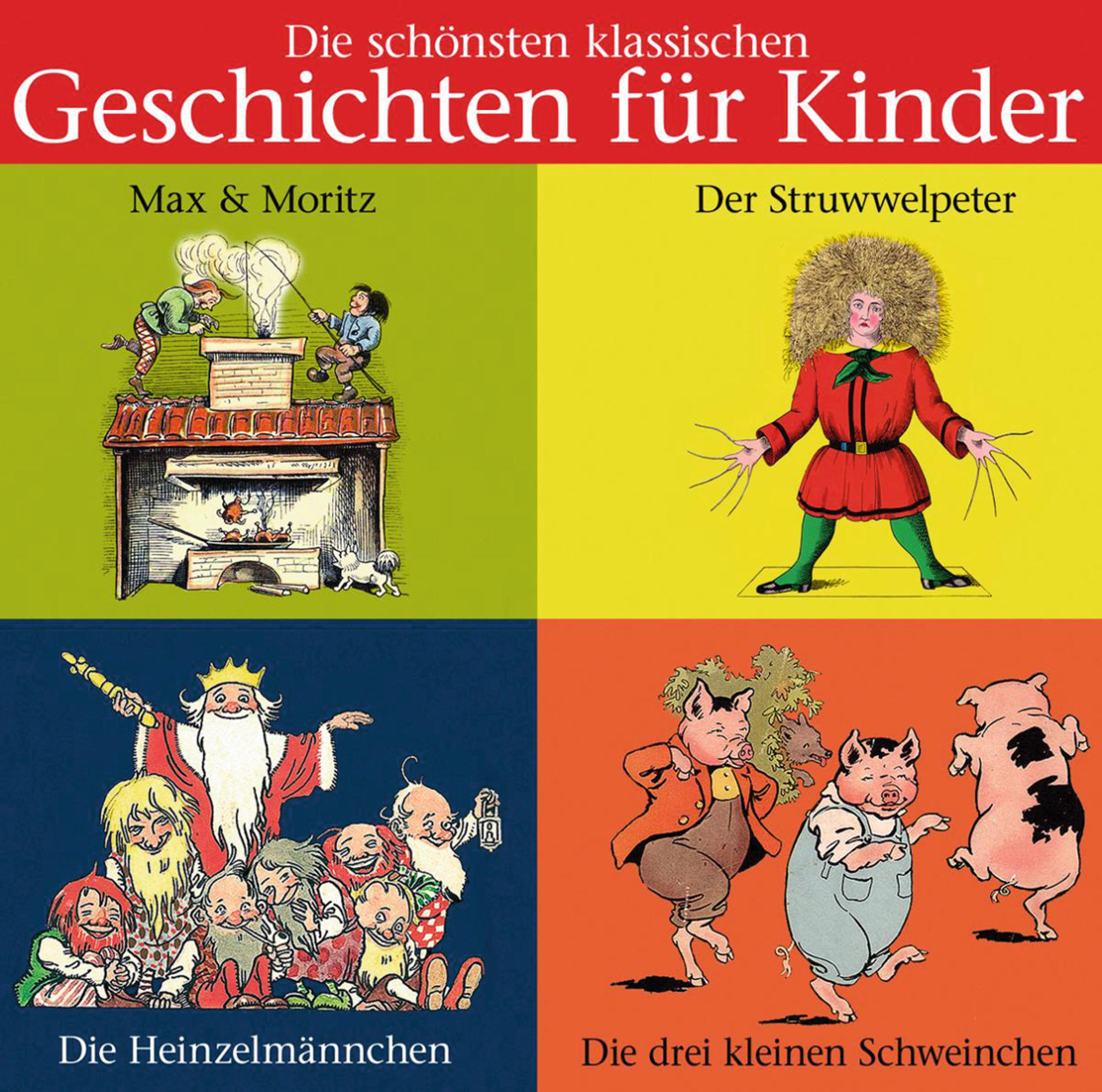 Buchcover mit vier illustrierten Szenen aus klassischen Kindergeschichten. Kräftige Farben.