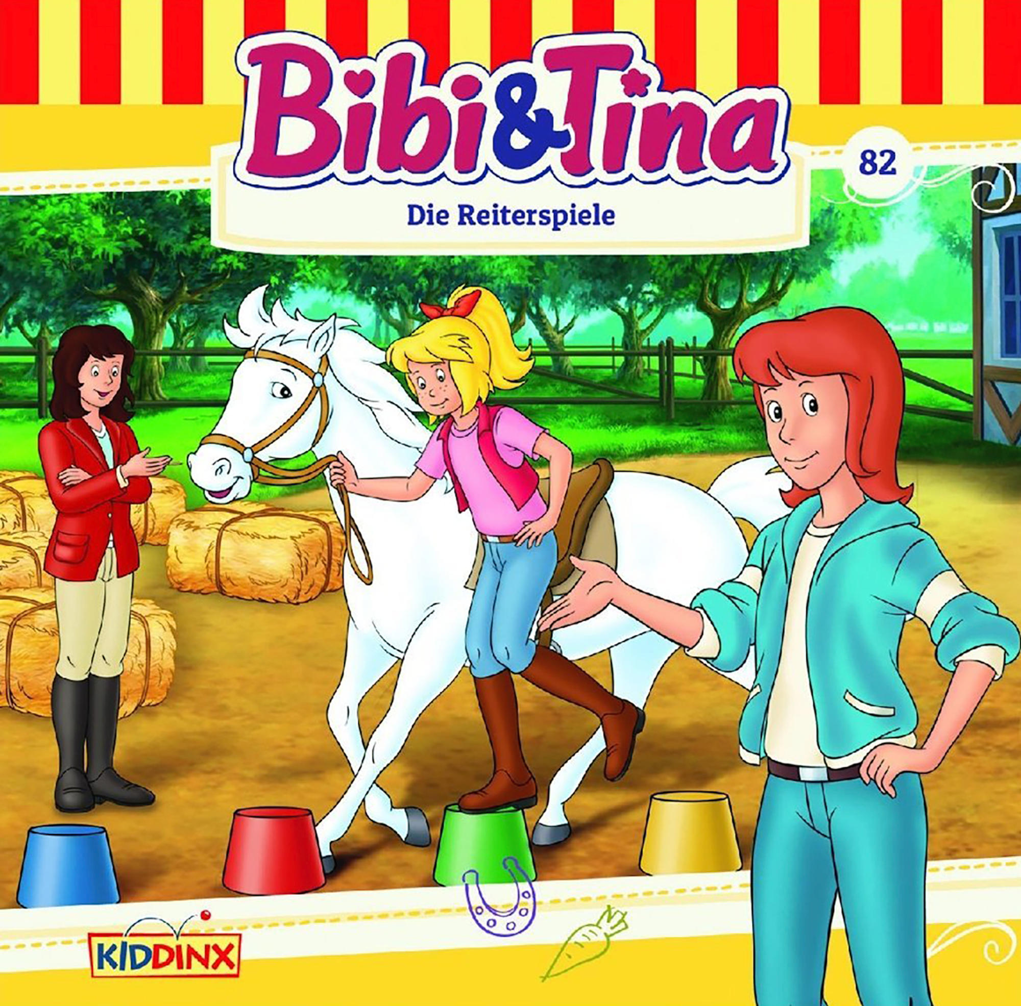 Bibi & Tina Buchcover mit Figuren, einem weißen Pferd und einer Reitszene. Helle Umgebung.