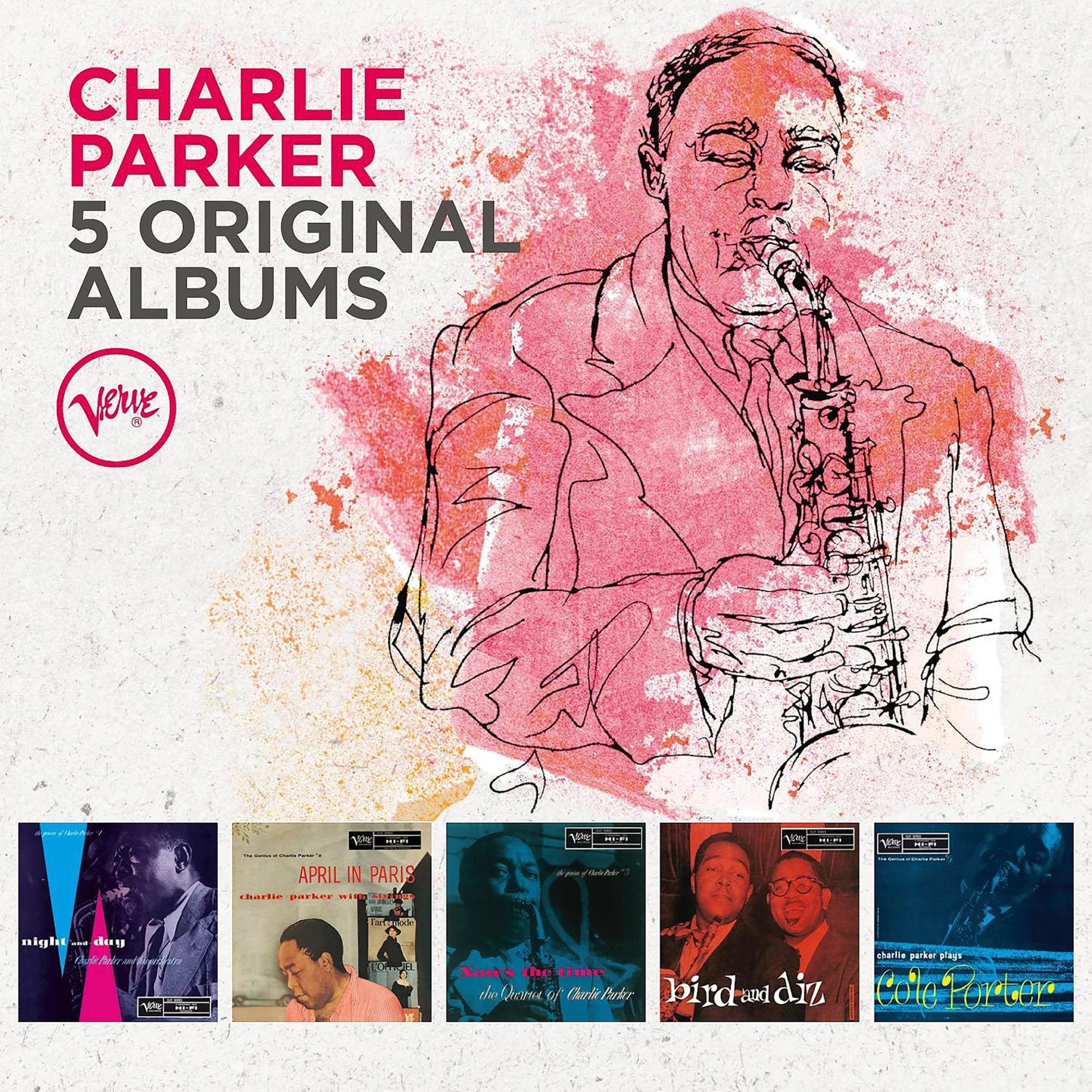 Albumcover mit einer Zeichnung von Charlie Parker, der Saxophon spielt, und Albumcovern.
