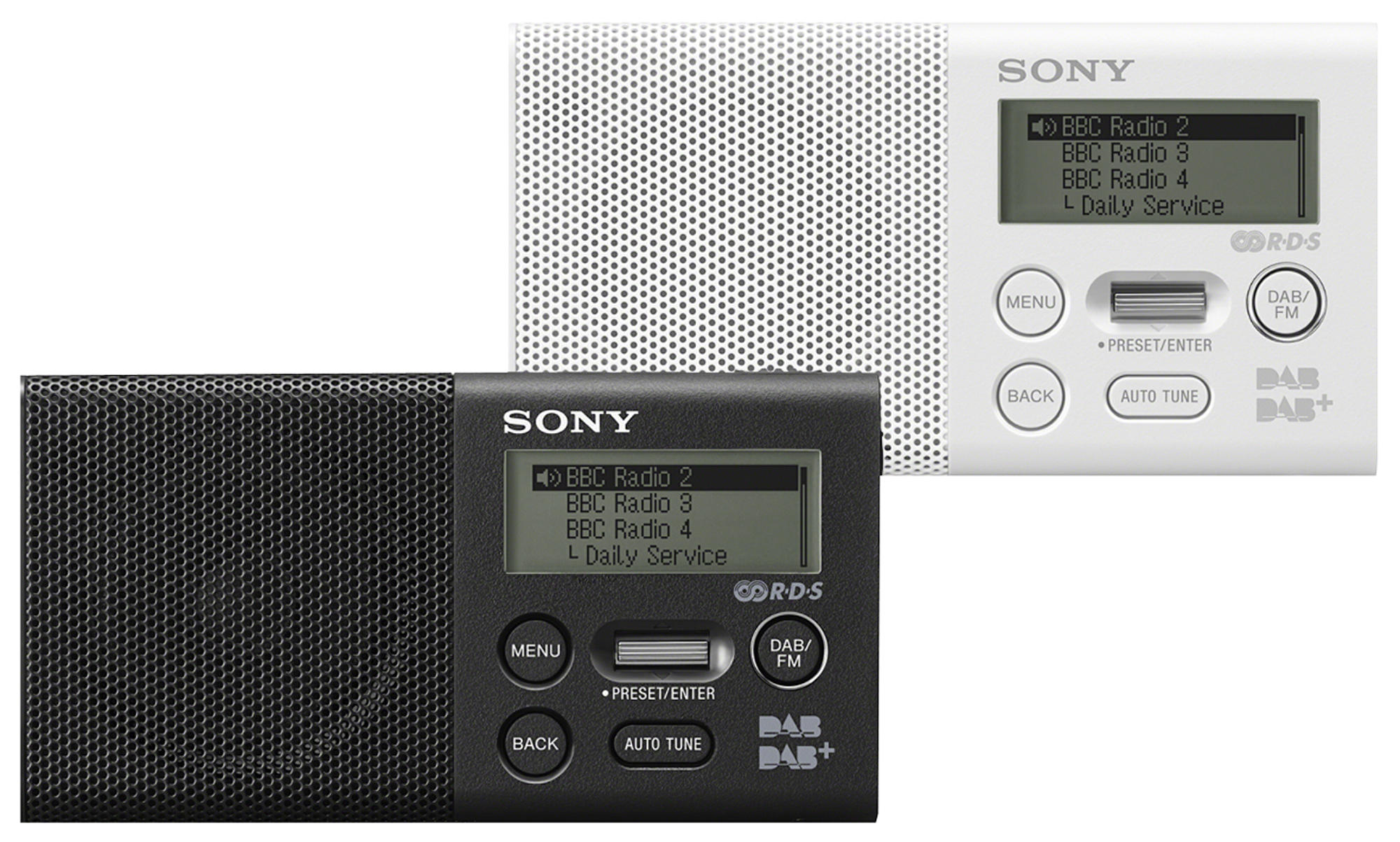 Due piccole radio Sony bianche e nere con display digitale e pulsanti.