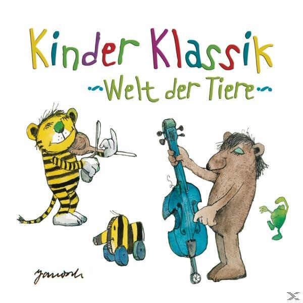 Cover mit Zeichentricktieren, die Instrumente spielen, Text "Kinder Klassik", farbenfroh.
