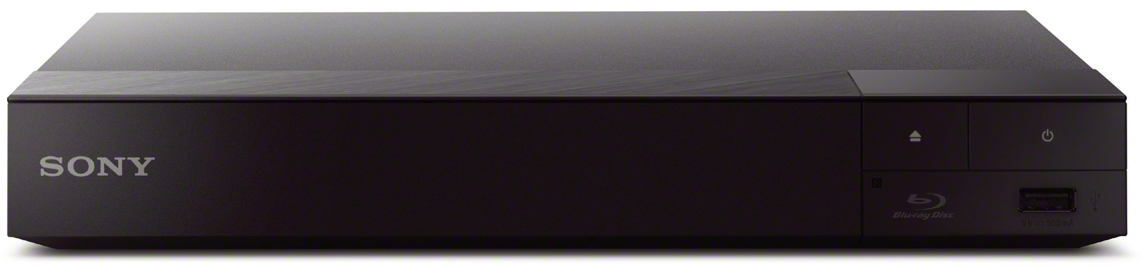 Zwarte Sony Blu-ray-speler. Het heeft een sleuf voor de schijf, een USB-poort en aan/uit-knoppen.