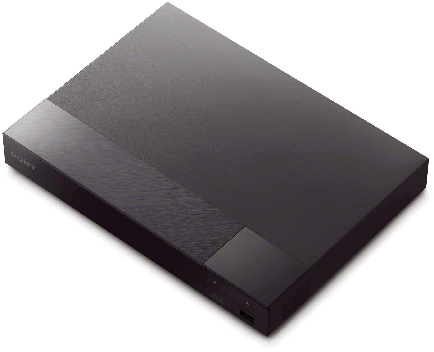 Zwarte Sony Blu-ray speler met een strak, minimalistisch design.