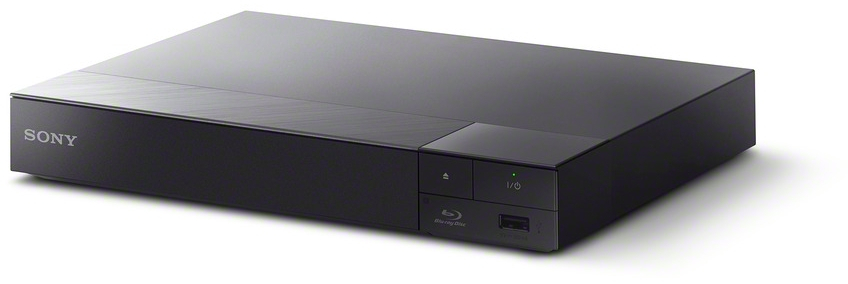 Zwarte Sony Blu-ray speler op een wit oppervlak.