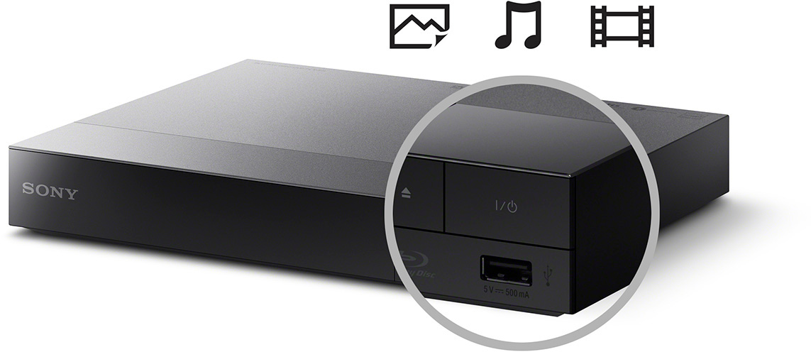 Zwarte Sony Blu-ray speler, met voorpaneel en USB-poort in een cirkel gemarkeerd.