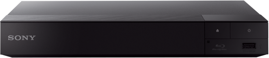 Zwarte Sony Blu-ray speler. Knoppen en USB-poort rechts. 'SONY' staat links gedrukt.